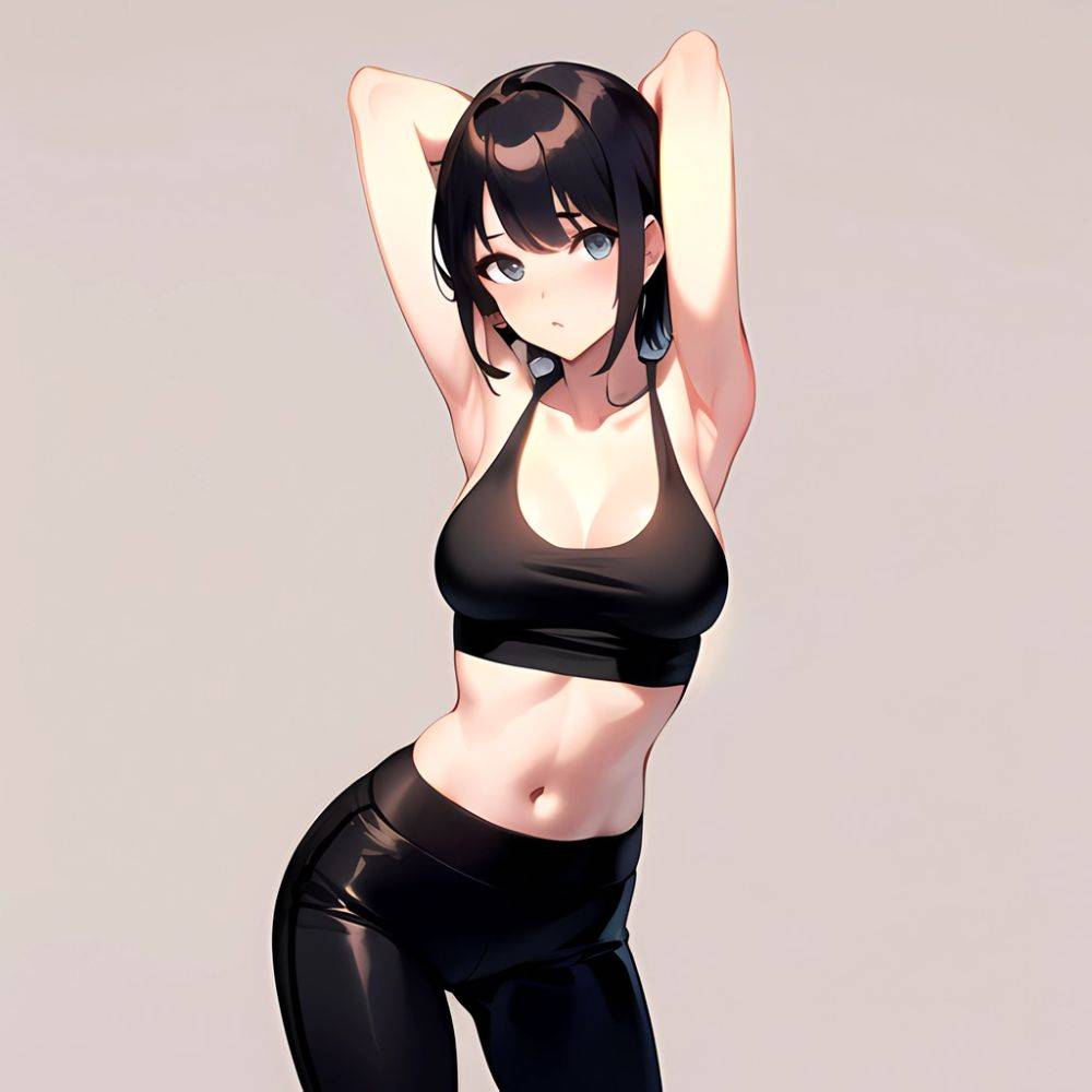 1girl Solo Tank Top Leggings Standing Fully Clothed Pov Simple Background Arms Behind Head, 1994440388 - AIHentai - #main
