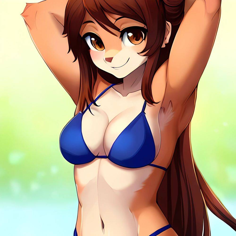 1girl Armpits Arms Behind Head Bikini Brown Eyes Brown Hair Cowboy Shot Dot Nose Flat Chest From Side Hair Ornament, 3837189119 - AIHentai - #main