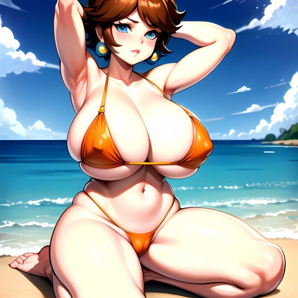 1girl Areola Slip Armpits Arms Behind Head Bikini Blue Eyes Blush Breasts Brown Hair Cleavage Huge Breasts Legs Mario Series, 3738273869 - AIHentai - #main