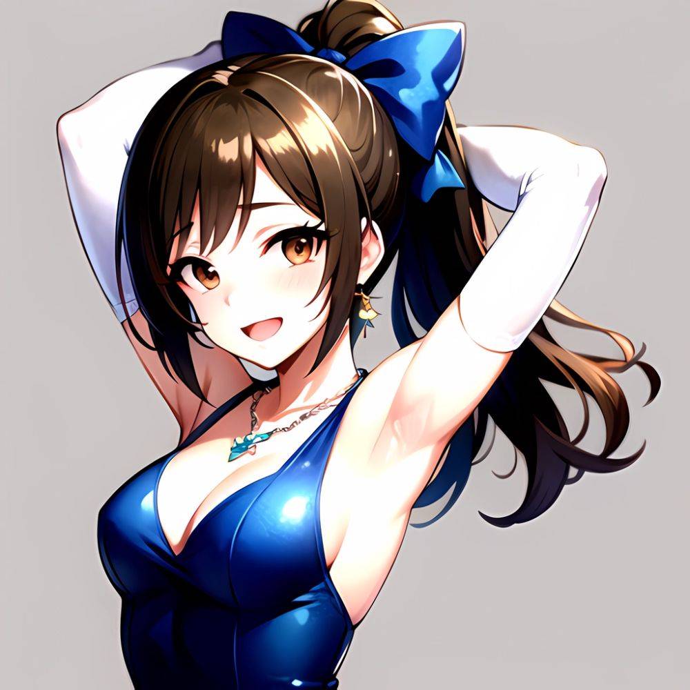 1girl Absurdres Armpits Arms Up Ayase Honoka Black Gloves Blue Bow Blue Dress Blush Bow Breasts Brown Eyes Brown Hair, 2252444374 - AIHentai - #main