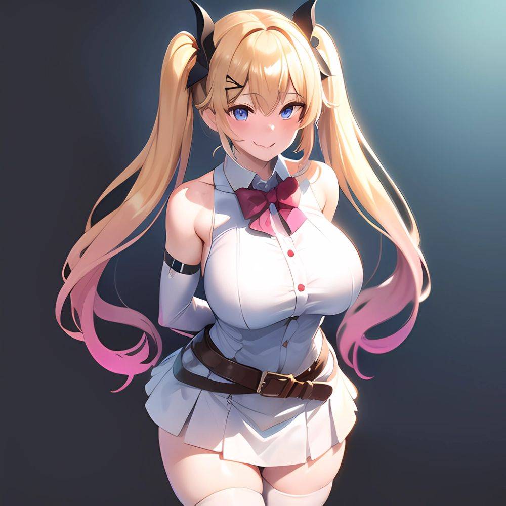 1girl Aymusk Belt White Skirt Blonde Hair Blue Eyes Blush Bow Bowtie Breasts Curvy Elbow Gloves Fang Gloves Gradient Background, 3450259227 - AIHentai - #main