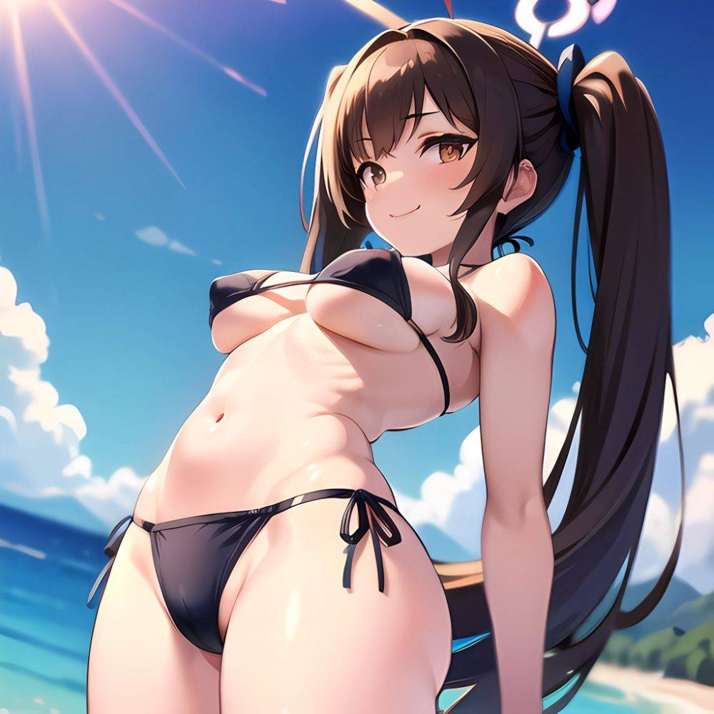 1girl Bikini Black Bikini Blue Archive Blue Sky Breasts Brown Eyes Brown Hair Closed Mouth Clothes Lift Cloud Covered Nipples, 2369283373 - AIHentai - #main