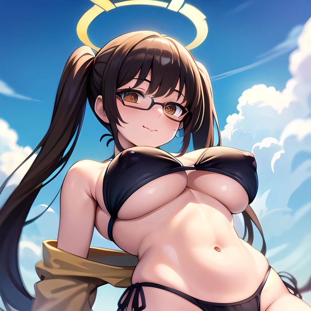 1girl Bikini Black Bikini Blue Archive Blue Sky Breasts Brown Eyes Brown Hair Closed Mouth Clothes Lift Cloud Covered Nipples, 1300573816 - AIHentai - #main