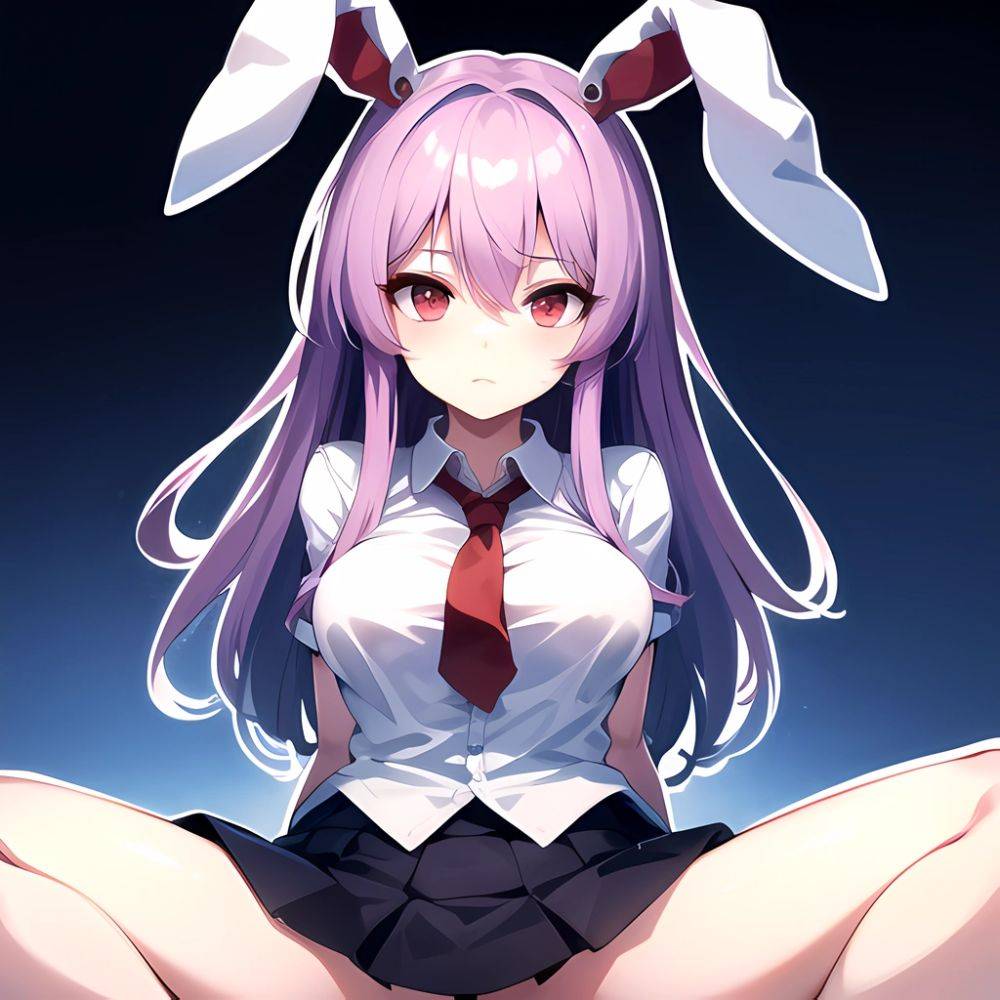 Ai Assisted Breasts Highres Medium Breasts Red Eyes Reisen Udongein Inaba Sitting Spread Legs Touhou Arms Behind Back White Outl, 909310091 - AIHentai - #main