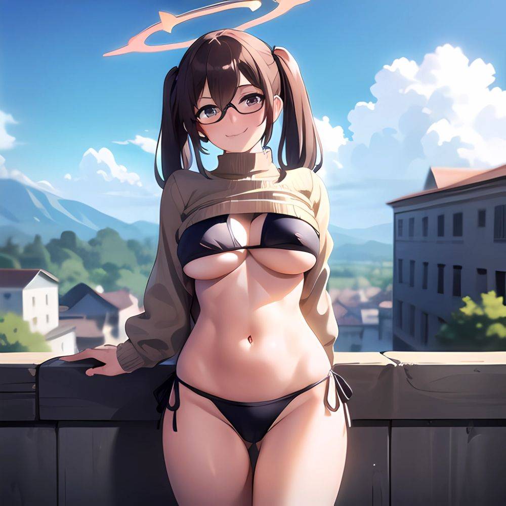 1girl Bikini Black Bikini Blue Archive Blue Sky Breasts Brown Eyes Brown Hair Closed Mouth Clothes Lift Cloud Covered Nipples, 3127898607 - AIHentai - #main