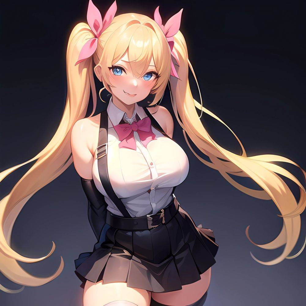 1girl Aymusk Belt Black Skirt Blonde Hair Blue Eyes Blush Bow Bowtie Breasts Curvy Elbow Gloves Fang Gloves Gradient Background, 1744097951 - AIHentai - #main