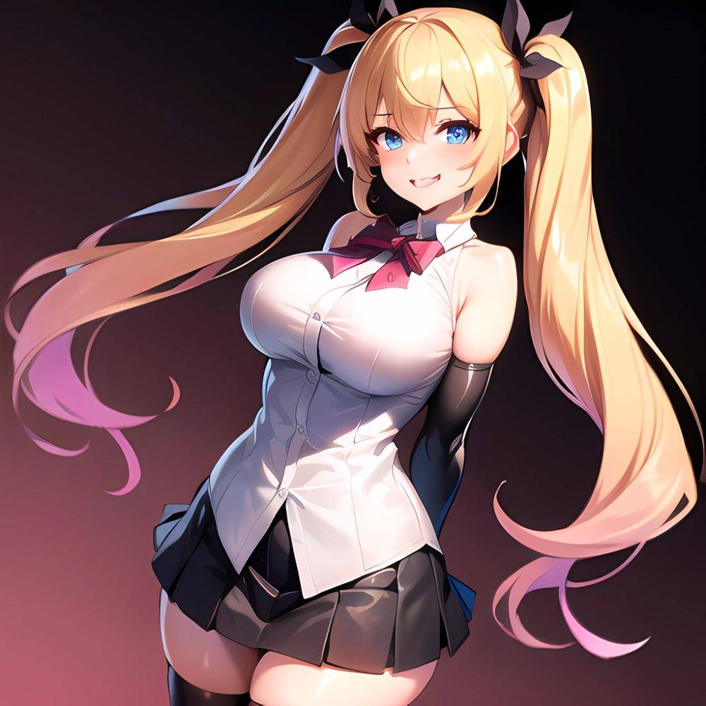 1girl Aymusk Belt Black Skirt Blonde Hair Blue Eyes Blush Bow Bowtie Breasts Curvy Elbow Gloves Fang Gloves Gradient Background, 208506920 - AIHentai - #main