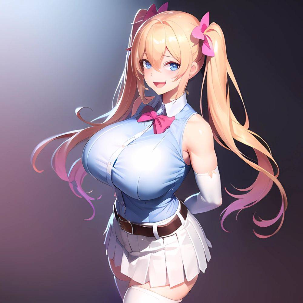 1girl Aymusk Belt White Skirt Blonde Hair Blue Eyes Blush Bow Bowtie Breasts Curvy Elbow Gloves Fang Gloves Gradient Background, 29791213 - AIHentai - #main