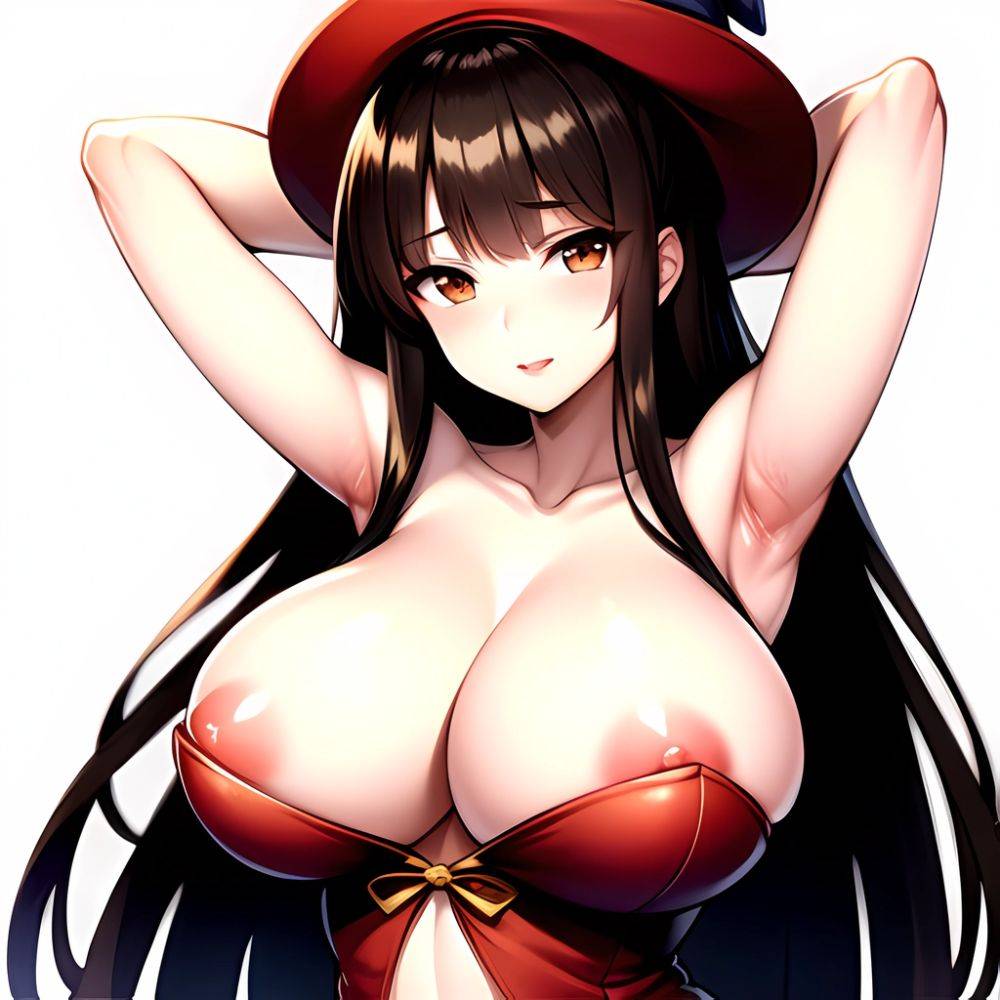 1girl Absurdres Bare Shoulders Black Headwear Breasts Breasts Out Brown Eyes Brown Hair Cleavage Dragon 039 S Crown Dress Highre, 3810831484 - AIHentai - #main