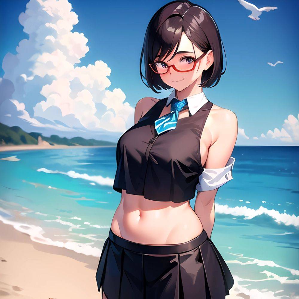 1girl Aircraft Bird Breasts Cloud Cloudy Sky Cowboy Shot Curtsey Dark Skinned Female Dark Skin Day Flashing Glasses Looking At, 850003633 - AIHentai - #main