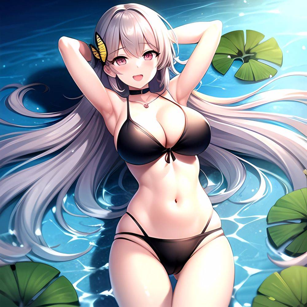 1girl D Bare Arms Bare Shoulders Bikini Black Bikini Breasts Bug Butterfly Butterfly Hair Ornament Choker Cleavage Feet Out Of, 1875907730 - AIHentai - #main
