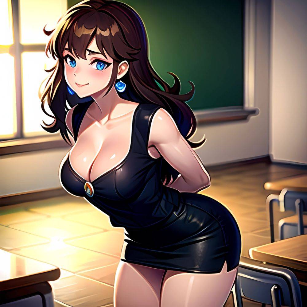 1girl Blue Eyes Blush Breasts Brown Hair Chalkboard Classroom Cleavage Crown Curvy Desk Earrings Hand On Own Hip Highres Jewelry, 2294026834 - AIHentai - #main