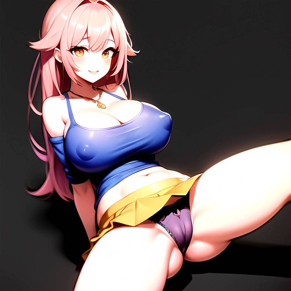 1girl Areola Slip Bare Shoulders Blue Shirt Blush Breasts Cameltoe Cleavage Commentary Request Female Pubic Hair Grey Background, 283206897 - AIHentai - #main