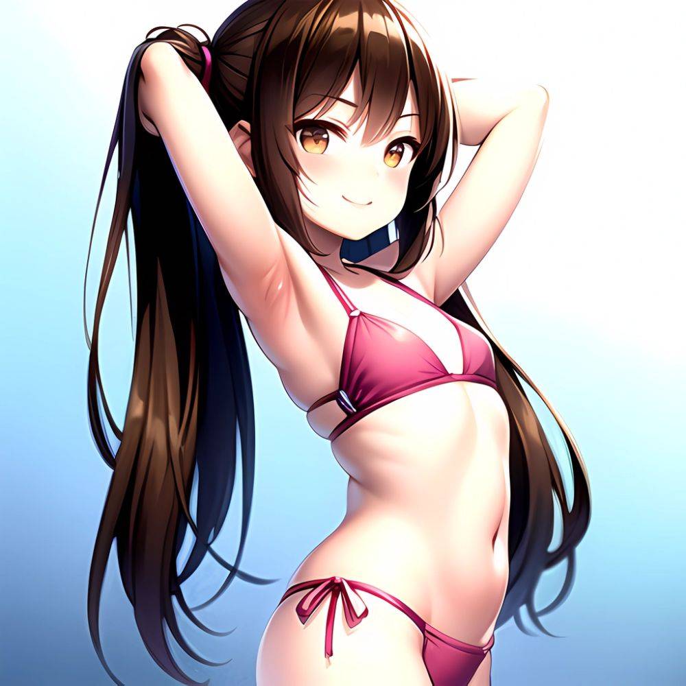 1girl Armpits Arms Behind Head Bikini Brown Eyes Brown Hair Cowboy Shot Dot Nose Flat Chest From Side Hair Ornament, 2975377339 - AIHentai - #main