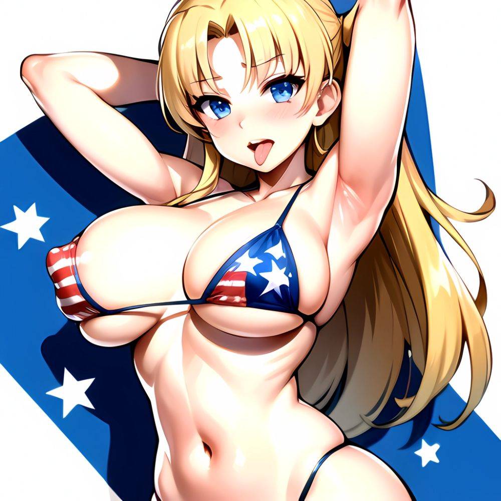 1girl American Flag Bikini Armpits Arms Behind Head Bikini Blonde Hair Blue Eyes Blush Breasts Covered Erect Nipples Flag Print, 4126461912 - AIHentai - #main