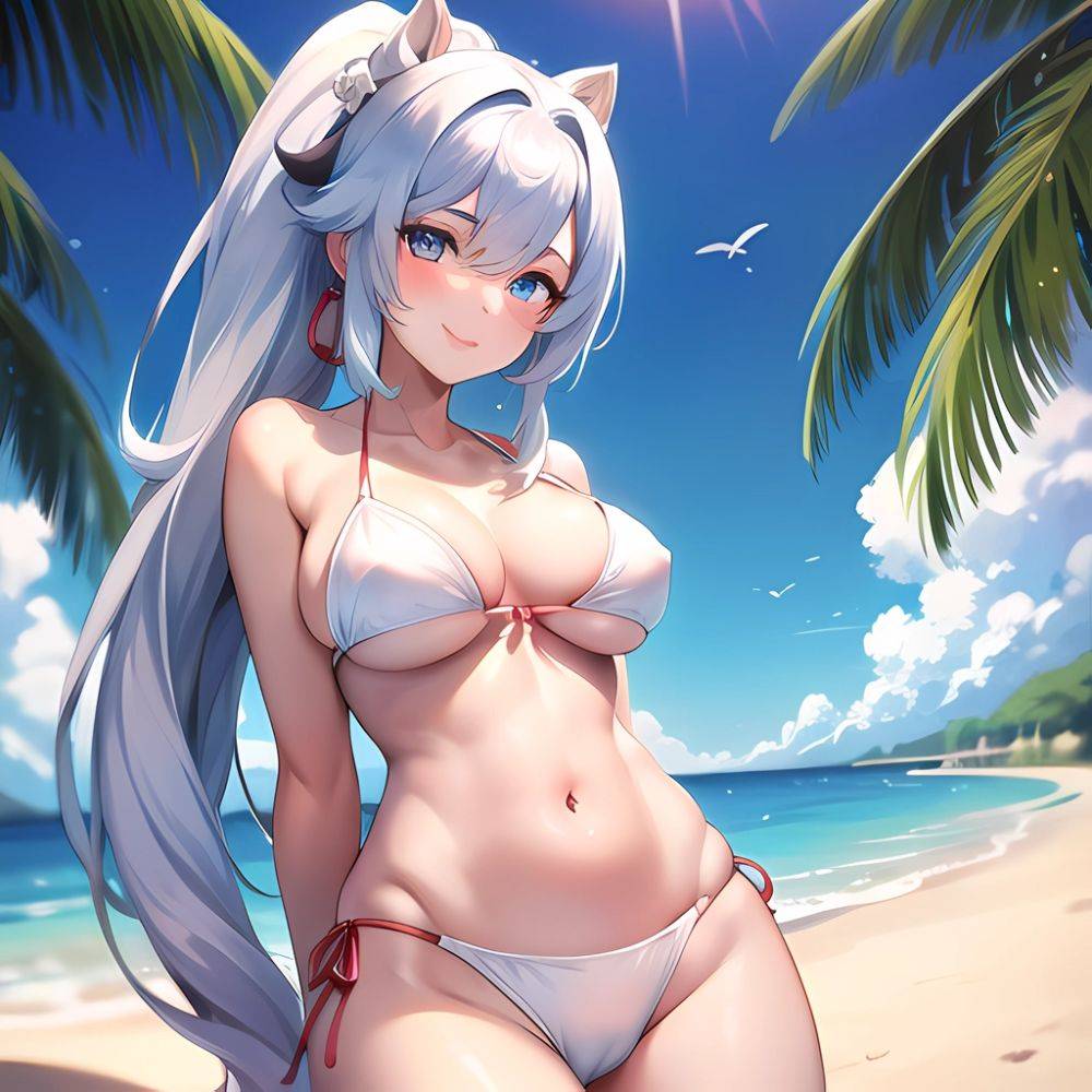 1girl Absurdres Bare Shoulders Beach Bikini Blue Eyes Blue Sky Blush Braid Braided Ponytail Breasts Cleavage Collarbone Genshin, 886571952 - AIHentai - #main