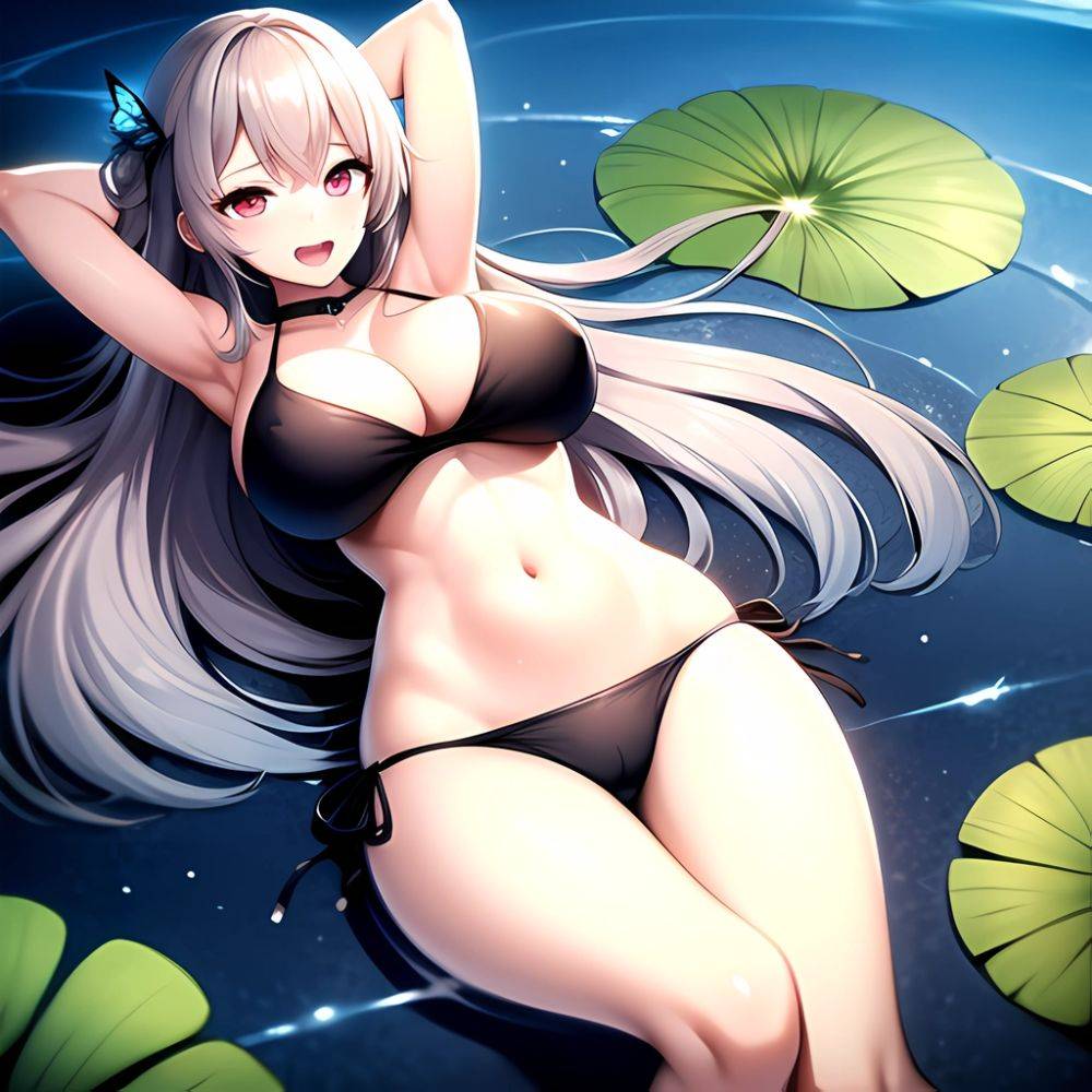 1girl D Bare Arms Bare Shoulders Bikini Black Bikini Breasts Bug Butterfly Butterfly Hair Ornament Choker Cleavage Feet Out Of, 1711262474 - AIHentai - #main