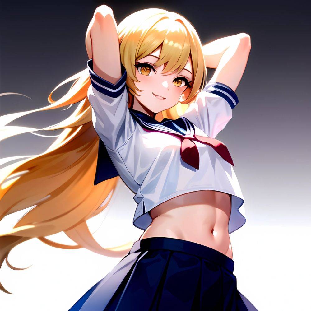 1girl Arms Up Arms Behind Head Blonde Hair Blue Skirt Bow Crop Top Crop Top Overhang Genshin Impact Gradient Background, 1238648769 - AIHentai - #main