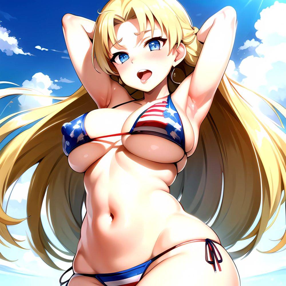 1girl American Flag Bikini Armpits Arms Behind Head Bikini Blonde Hair Blue Eyes Blush Breasts Covered Erect Nipples Flag Print, 2880809735 - AIHentai - #main