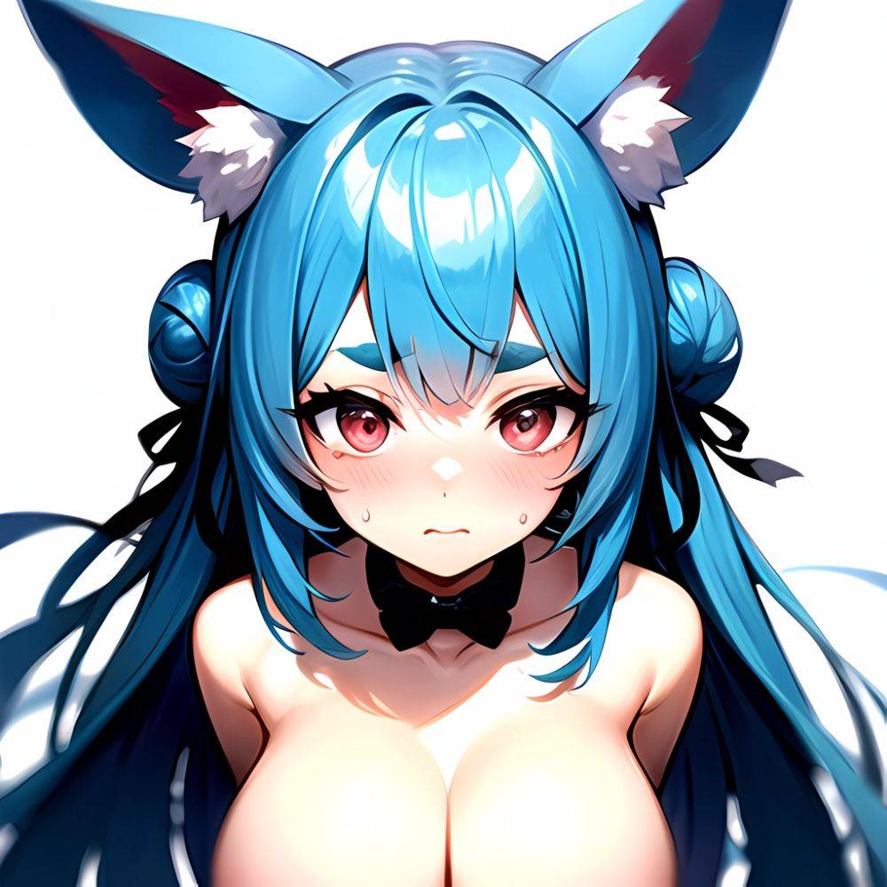 1girl Alternate Breast Size Animal Ear Fluff Animal Ears Blue Hair Blush Breasts Double Bun Embarrassed Hair Bun Haro Art, 2452811634 - AIHentai - #main