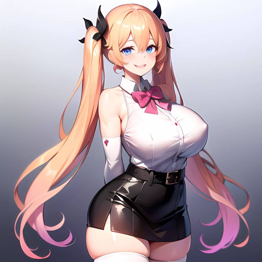 1girl Aymusk Belt Black Skirt Blonde Hair Blue Eyes Blush Bow Bowtie Breasts Curvy Elbow Gloves Fang Gloves Gradient Background, 1935030823 - AIHentai - #main