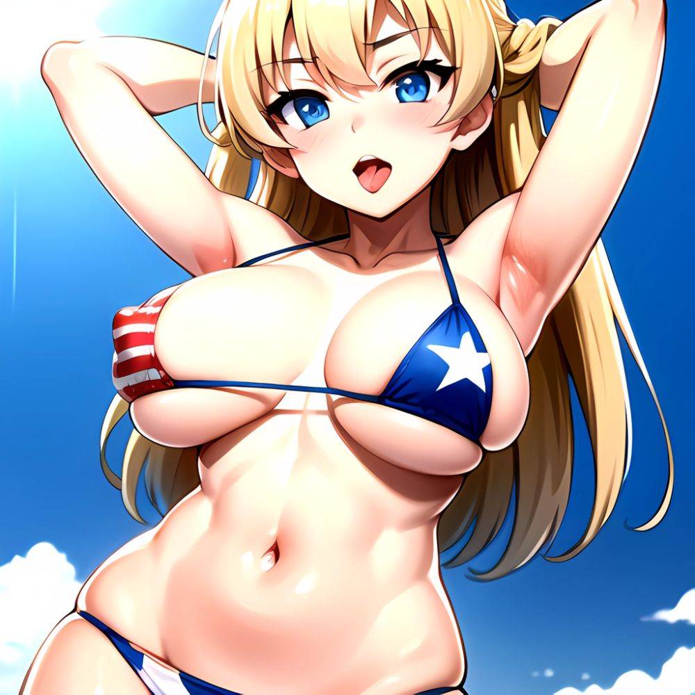 1girl American Flag Bikini Armpits Arms Behind Head Bikini Blonde Hair Blue Eyes Blush Breasts Covered Erect Nipples Flag Print, 3191114529 - AIHentai - #main