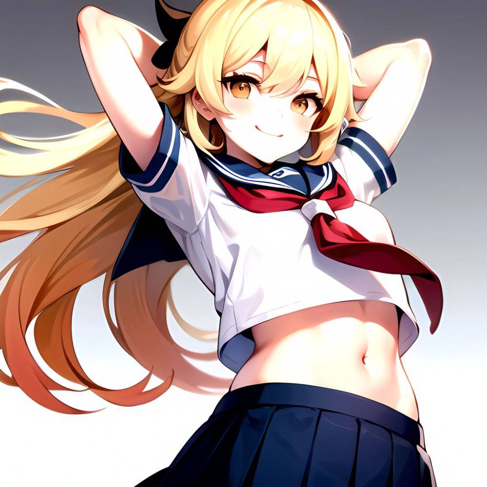 1girl Arms Up Arms Behind Head Blonde Hair Blue Skirt Bow Crop Top Crop Top Overhang Genshin Impact Gradient Background, 2095675055 - AIHentai - #main