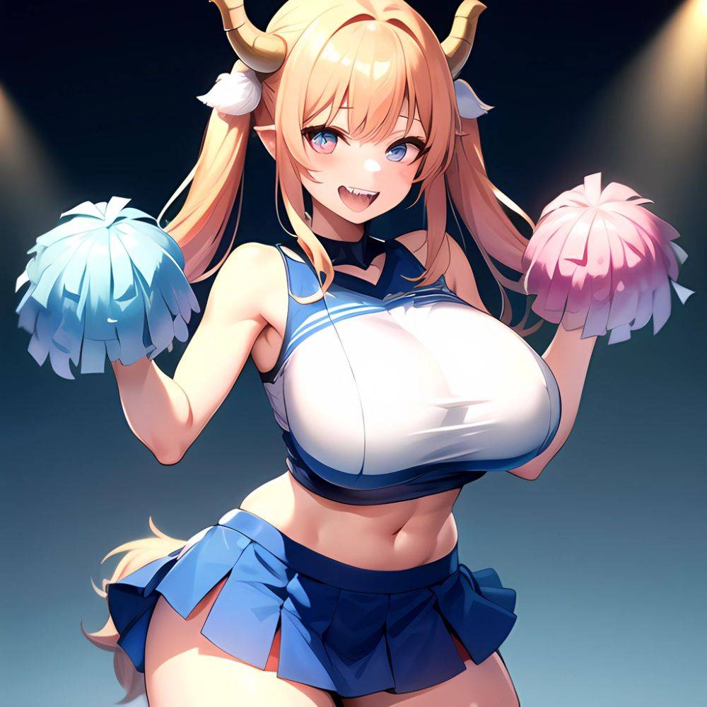 1girl Absurdres Blue Skirt Bluefrok Breasts Cheerleader Dragon Girl Dragon Horns Highres Holding Holding Pom Poms Horns Huge Bre, 2152999858 - AIHentai - #main