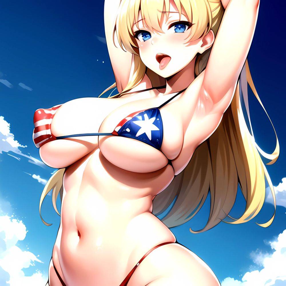1girl American Flag Bikini Armpits Arms Behind Head Bikini Blonde Hair Blue Eyes Blush Breasts Covered Erect Nipples Flag Print, 3064700826 - AIHentai - #main