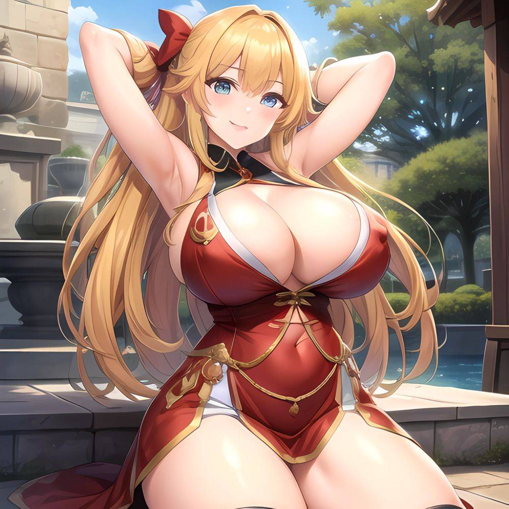 1girl Blonde Hair Breasts Cleavage Grenadier Manga Haganef Huge Breasts Long Hair Nipples Pussy Smile Tendou Rushuna Arms Behind, 634576970 - AIHentai - #main