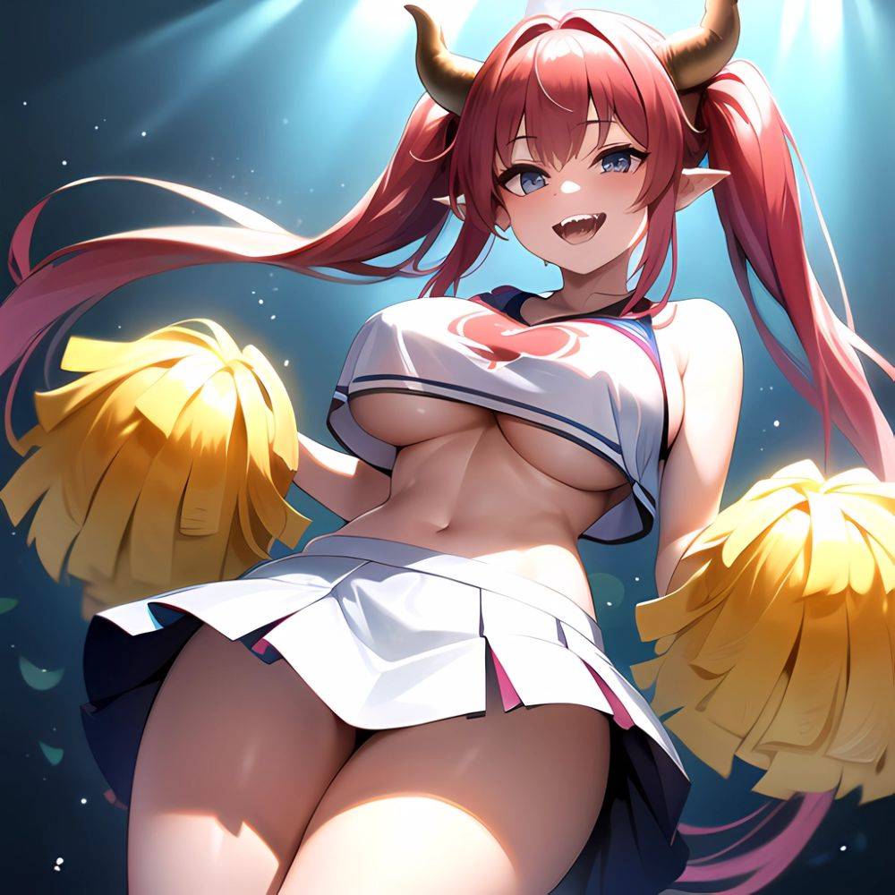 1girl Absurdres White Skirt Whitefrok Breasts Cheerleader Dragon Girl Dragon Horns Highres Holding Holding Pom Poms Horns Huge B, 1653027324 - AIHentai - #main