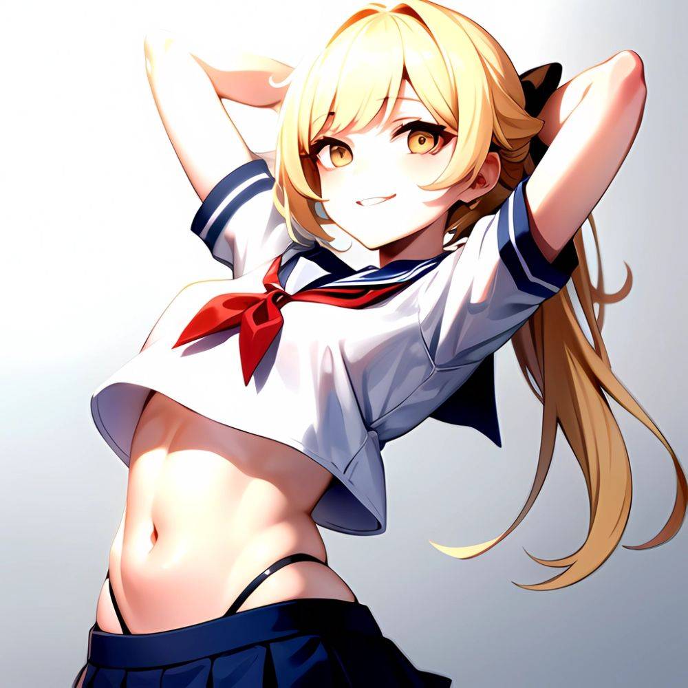 1girl Arms Up Arms Behind Head Blonde Hair Blue Skirt Bow Crop Top Crop Top Overhang Genshin Impact Gradient Background, 2926828277 - AIHentai - #main