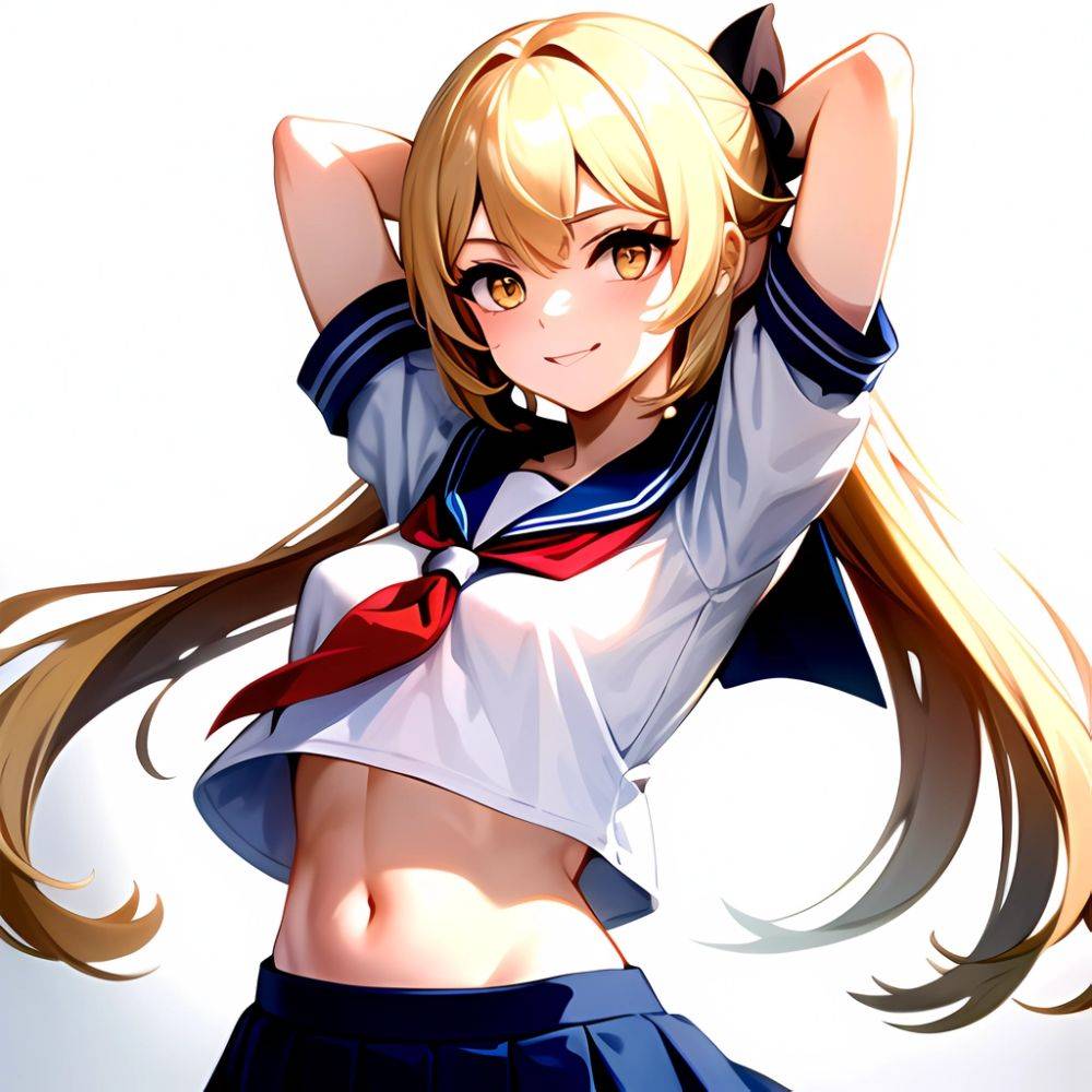 1girl Arms Up Arms Behind Head Blonde Hair Blue Skirt Bow Crop Top Crop Top Overhang Genshin Impact Gradient Background, 3769431827 - AIHentai - #main