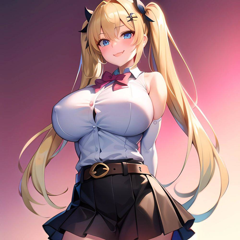 1girl Aymusk Belt Black Skirt Blonde Hair Blue Eyes Blush Bow Bowtie Breasts Curvy Elbow Gloves Fang Gloves Gradient Background, 832631581 - AIHentai - #main