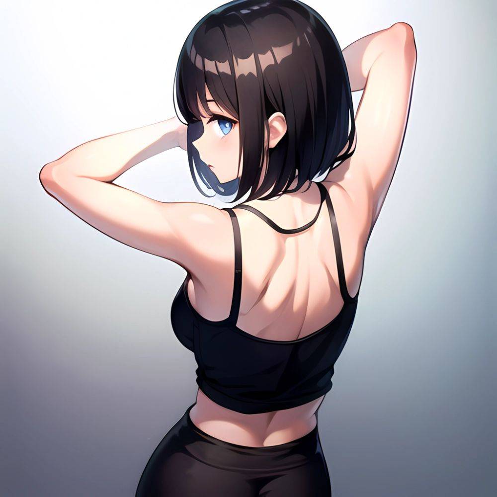 1girl Solo Tank Top Leggings Blue Eyes Standing Fully Clothed Pov Simple Background Arms Behind Head, 88989075 - AIHentai - #main