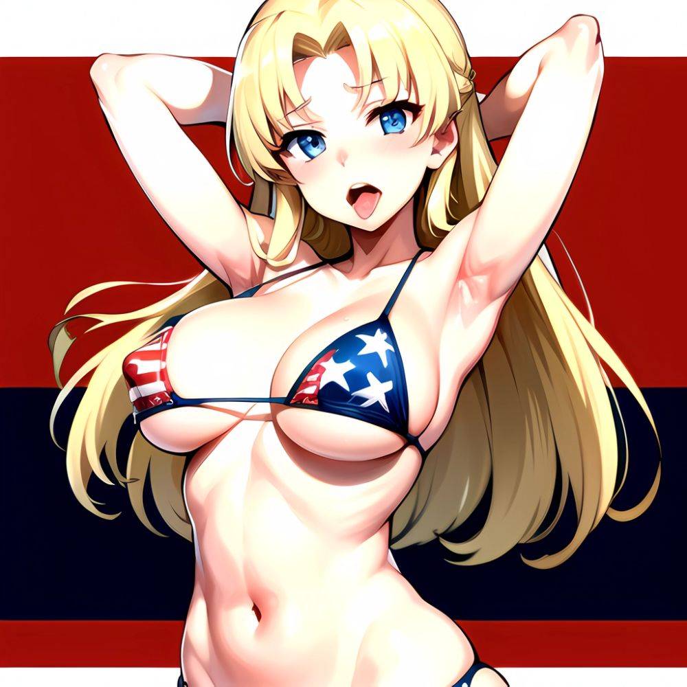 1girl American Flag Bikini Armpits Arms Behind Head Bikini Blonde Hair Blue Eyes Blush Breasts Covered Erect Nipples Flag Print, 85747608 - AIHentai - #main