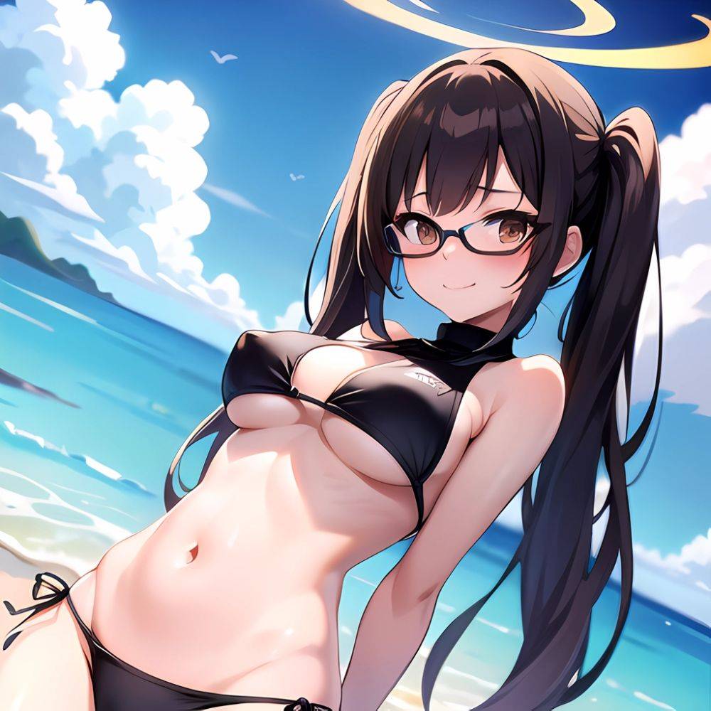 1girl Bikini Black Bikini Blue Archive Blue Sky Breasts Brown Eyes Brown Hair Closed Mouth Clothes Lift Cloud Covered Nipples, 3275915347 - AIHentai - #main