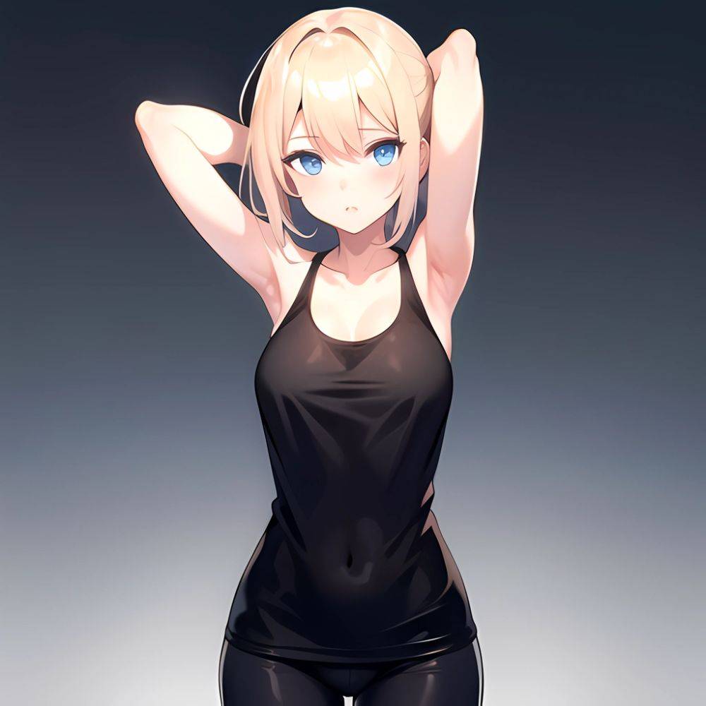 1girl Solo Tank Top Leggings Blue Eyes Standing Fully Clothed Pov Simple Background Arms Behind Head, 1899315749 - AIHentai - #main