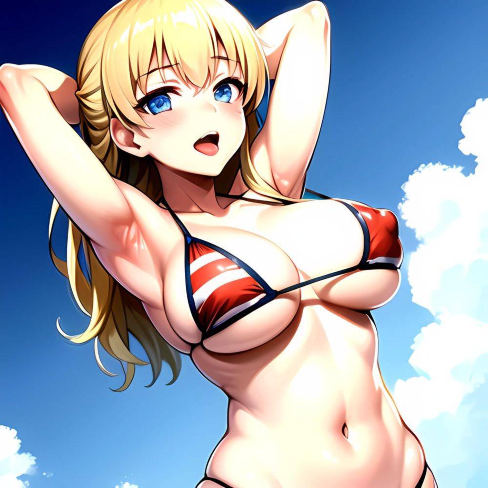 1girl American Flag Bikini Armpits Arms Behind Head Bikini Blonde Hair Blue Eyes Blush Breasts Covered Erect Nipples Flag Print, 2603172351 - AIHentai - #main