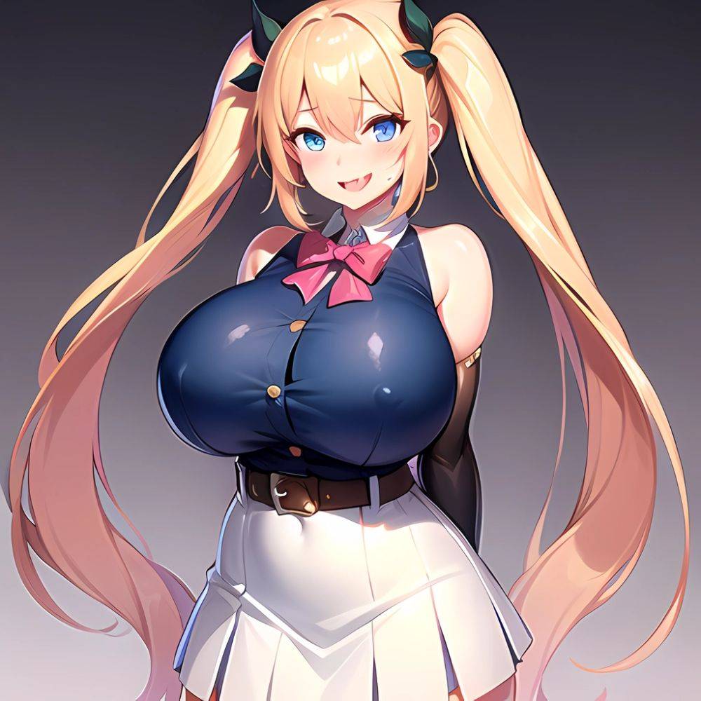 1girl Aymusk Belt White Skirt Blonde Hair Blue Eyes Blush Bow Bowtie Breasts Curvy Elbow Gloves Fang Gloves Gradient Background, 1082423170 - AIHentai - #main