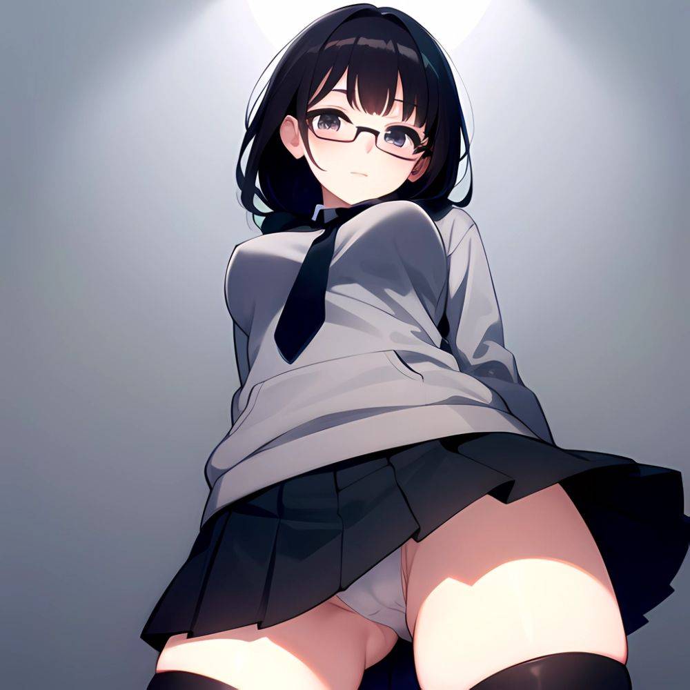 1girl Black Hair Black Necktie Black Thighhighs Breasts Cameltoe From Below Glasses Grey Eyes Grey Hoodie Highres Hood Hoodie Me, 1151407571 - AIHentai - #main