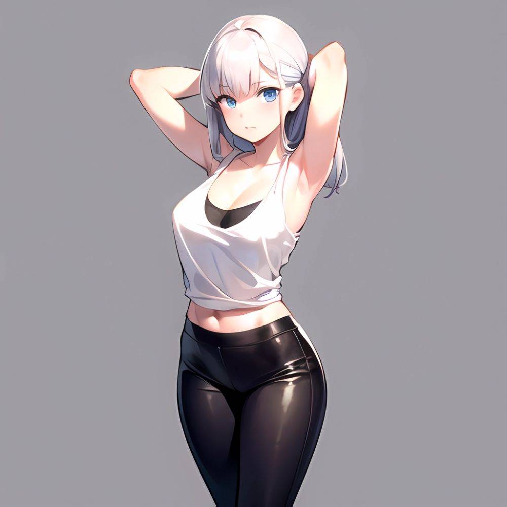 1girl Solo Tank Top Leggings Blue Eyes Standing Fully Clothed Pov Simple Background Arms Behind Head, 419021701 - AIHentai - #main