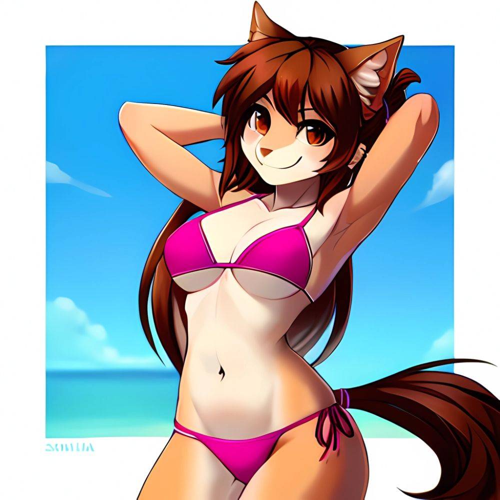 1girl Armpits Arms Behind Head Bikini Brown Eyes Brown Hair Cowboy Shot Dot Nose Flat Chest From Side Hair Ornament, 1782904575 - AIHentai - #main