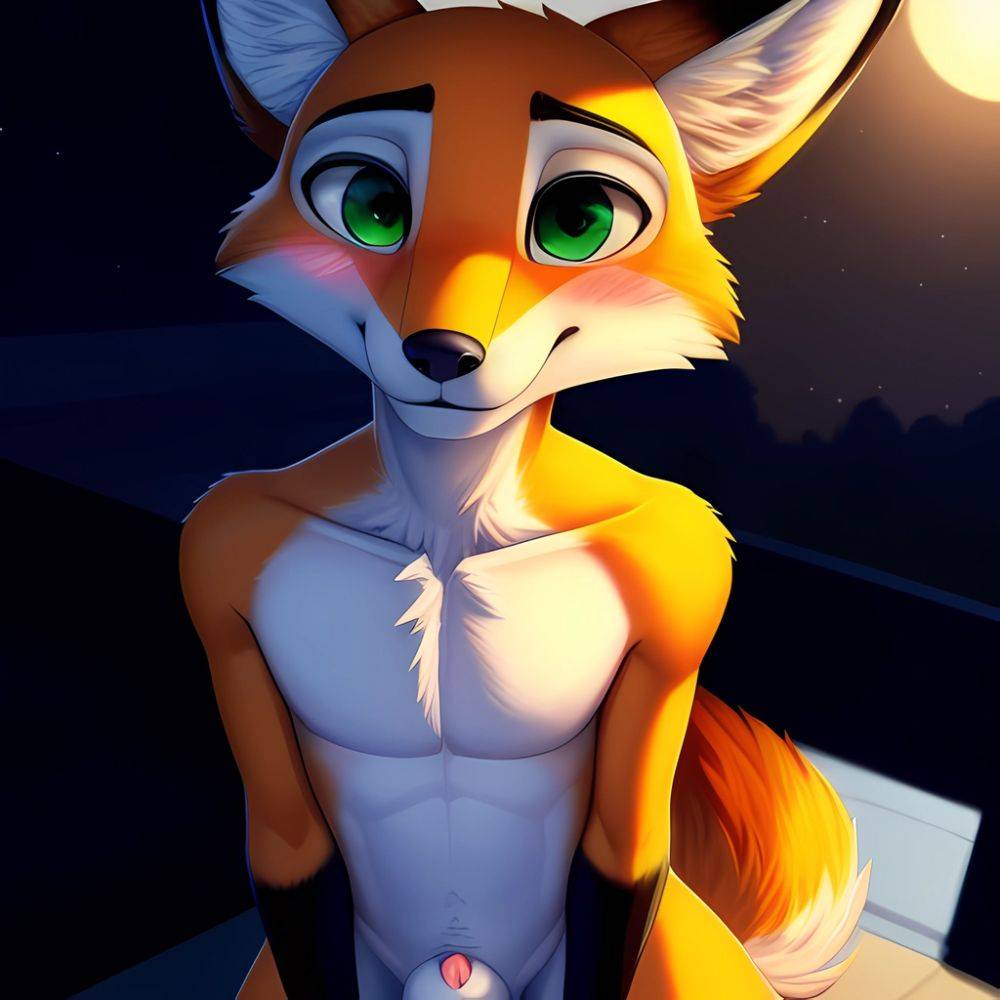 Solo Male Fox Anthro Zootopia Style Detailed Background Slim Smiling Balls Sheath Soft Shading Nighttime Green Eyes 4k Hi Res, 1315055181 - AIHentai - #main