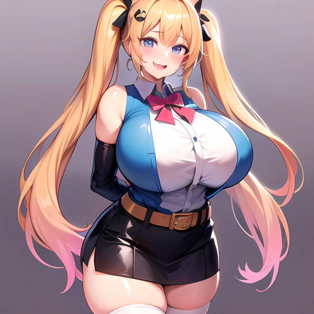 1girl Aymusk Belt White Skirt Blonde Hair Blue Eyes Blush Bow Bowtie Breasts Curvy Elbow Gloves Fang Gloves Gradient Background, 773953072 - AIHentai - #main