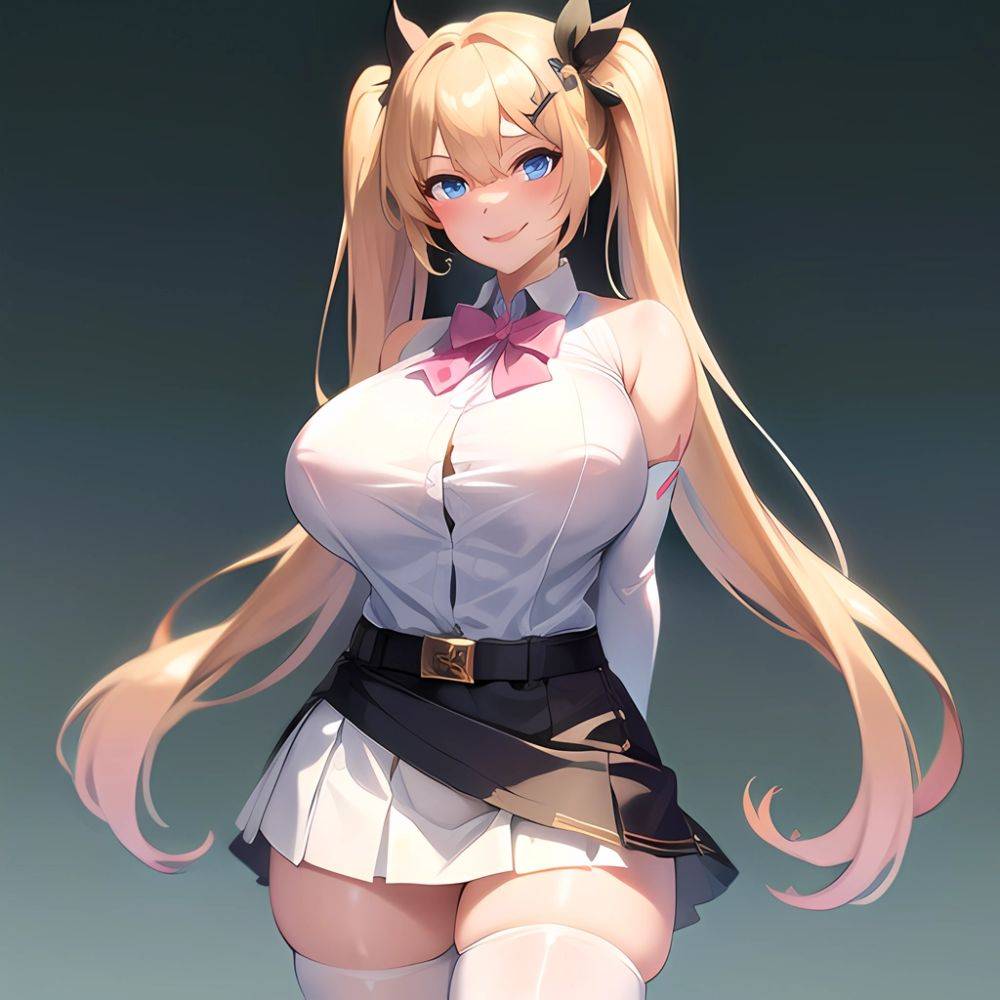 1girl Aymusk Belt White Skirt Blonde Hair Blue Eyes Blush Bow Bowtie Breasts Curvy Elbow Gloves Fang Gloves Gradient Background, 4152290887 - AIHentai - #main