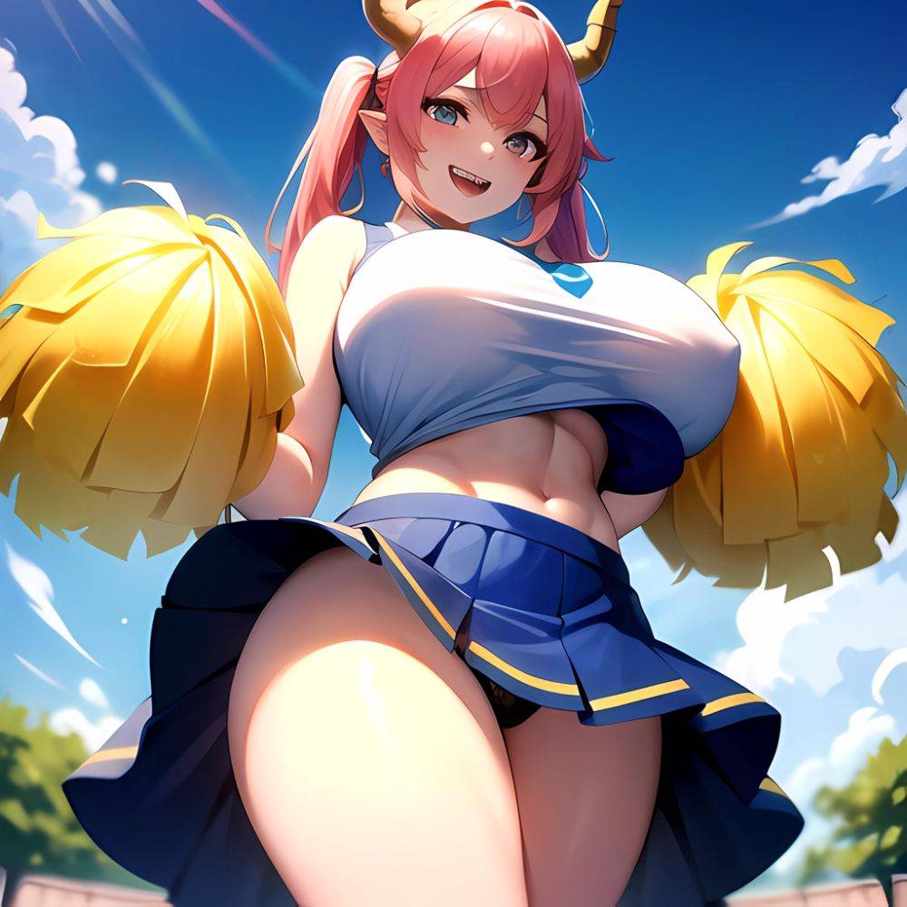 1girl Absurdres Blue Skirt Bluefrok Breasts Cheerleader Dragon Girl Dragon Horns Highres Holding Holding Pom Poms Horns Huge Bre, 2504998363 - AIHentai - #main