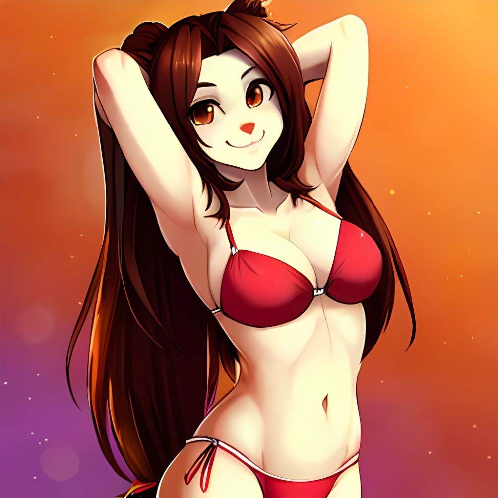 1girl Armpits Arms Behind Head Bikini Brown Eyes Brown Hair Cowboy Shot Dot Nose Flat Chest From Side Hair Ornament, 1642082075 - AIHentai - #main