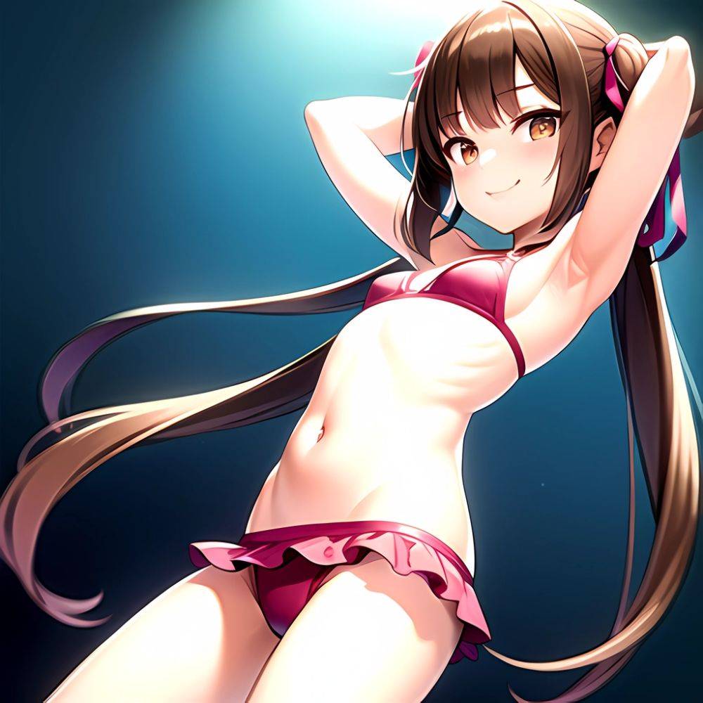 1girl Armpits Arms Behind Head Bikini Brown Eyes Brown Hair Cowboy Shot Dot Nose Flat Chest From Side Hair Ornament, 3243073701 - AIHentai - #main