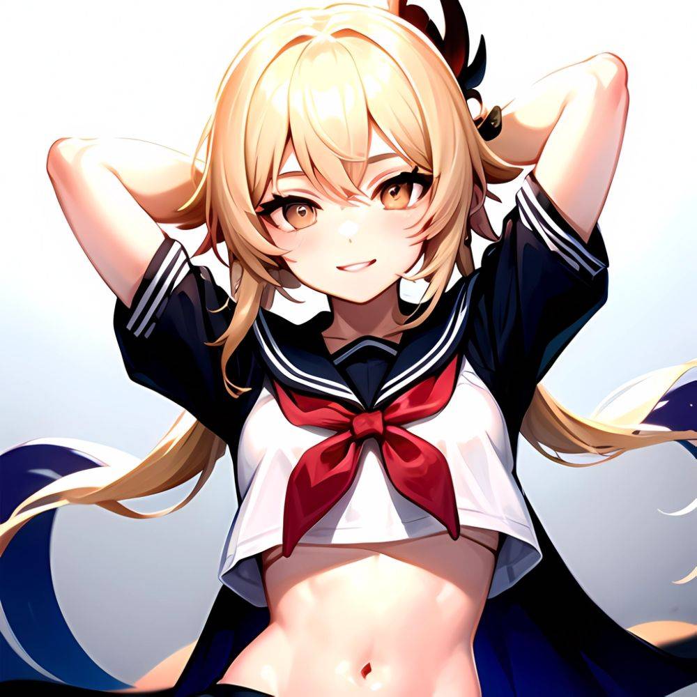 1girl Arms Up Arms Behind Head Blonde Hair Blue Skirt Bow Crop Top Crop Top Overhang Genshin Impact Gradient Background, 1700896529 - AIHentai - #main